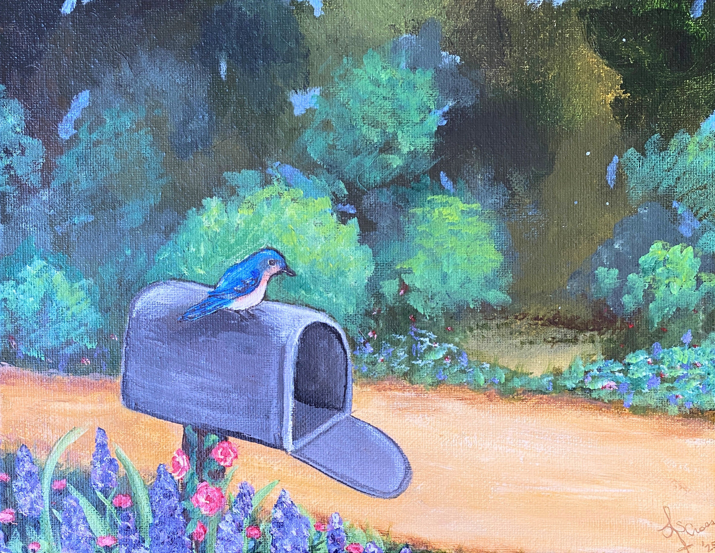 "Bluebird's Song" 8x10 Acrylic Canvas of a Bluebird perched on an open mailbox in a summer setting