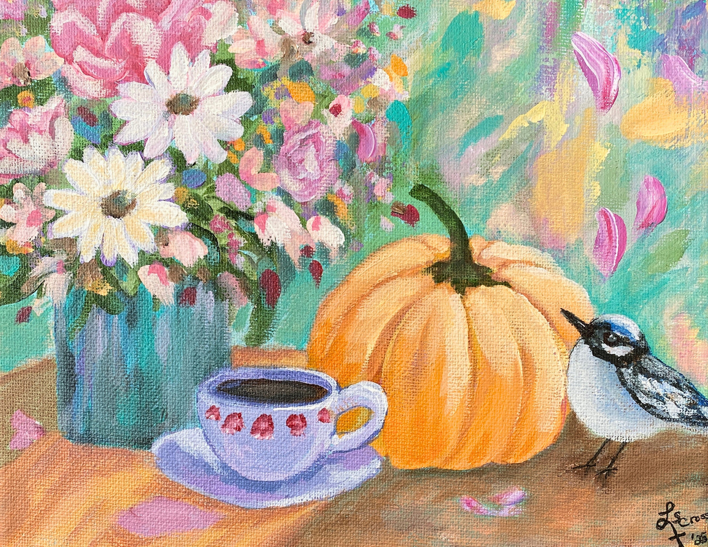 A Cup of Gratitude – Autumn Floral Still Life Acrylic 8x10 Canvas