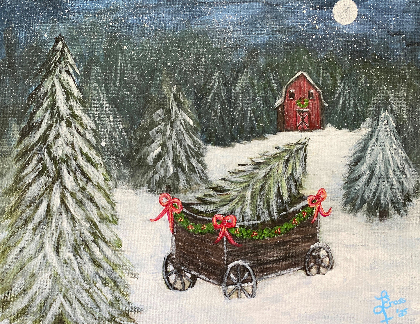 Evergreen Snow- 8x10 Acrylic Canvas-Snowy Winter Country Christmas Scene