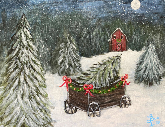 Evergreen Snow-  8x10 Acrylic Canvas-Snowy  Winter Country Christmas Scene